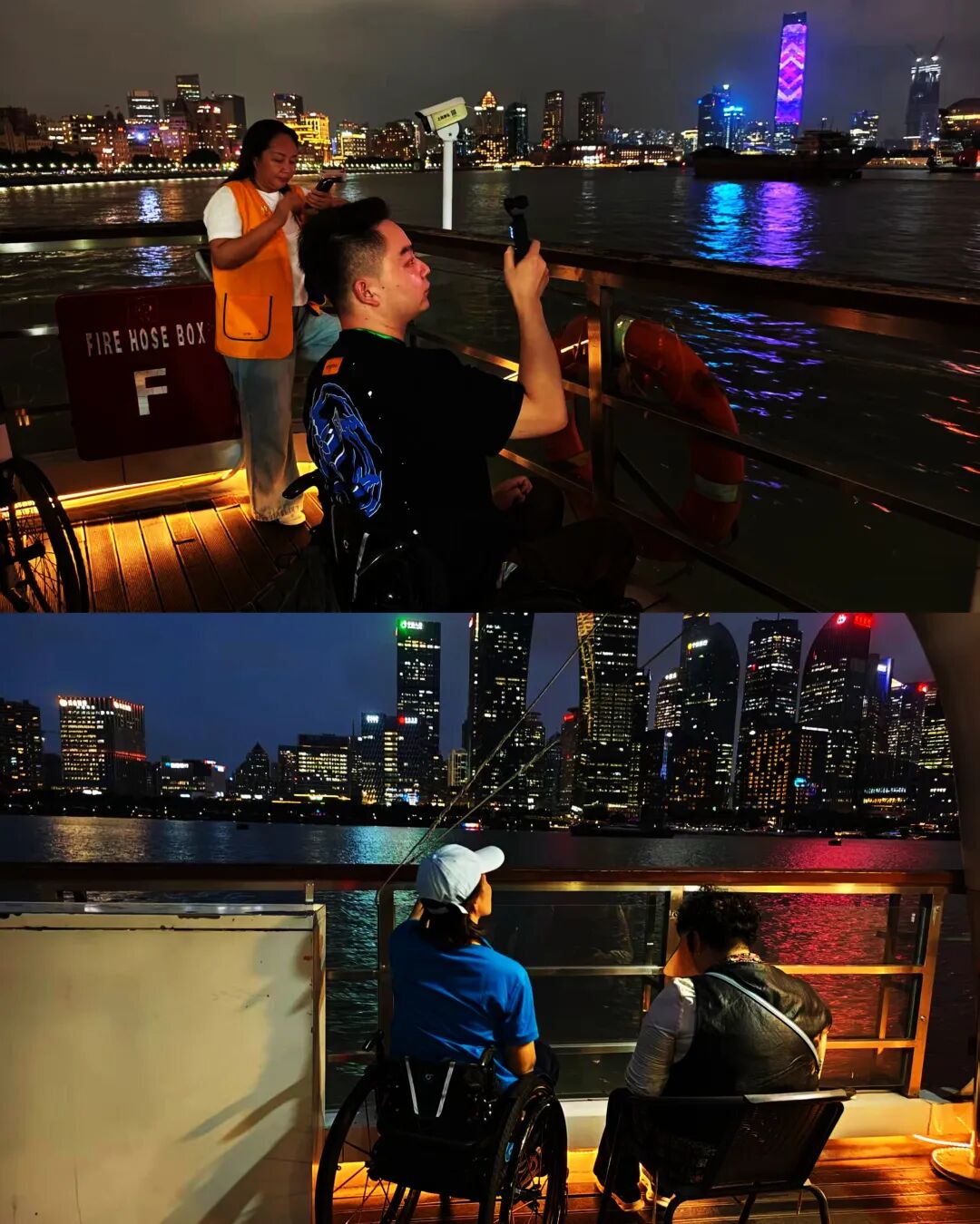 残友在游轮甲板欣赏浦江夜景